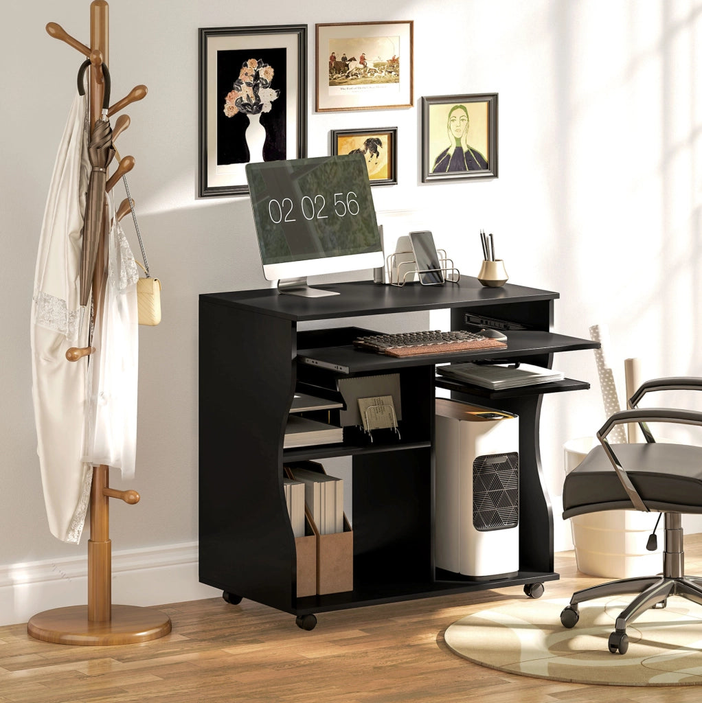 Scrivania PC nera con ruote e ripiano tastiera 80x48x75 cm