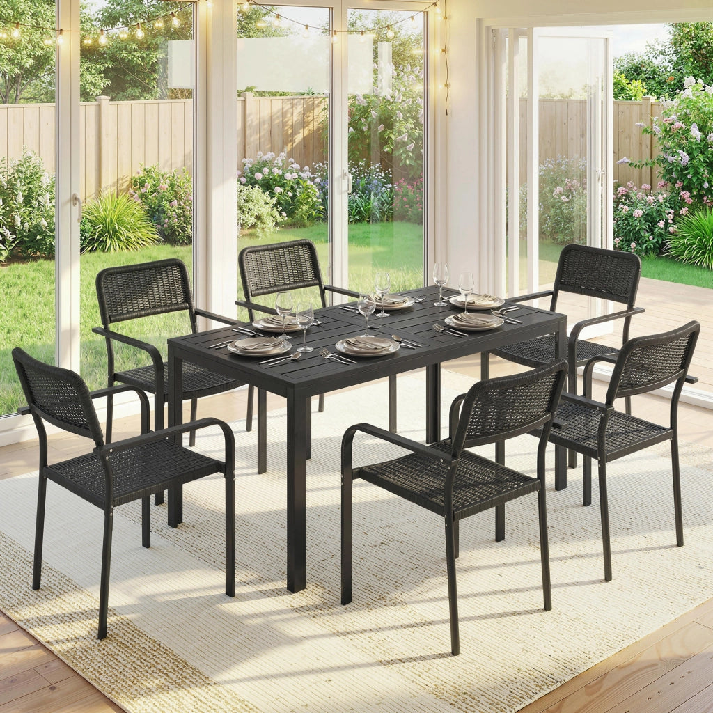 Set da Pranzo da Esterno Tavolo con Foro Ombrellone 150x80x74 cm e 6 Sedie 55x60x83 in Acciaio e PP cm Nero