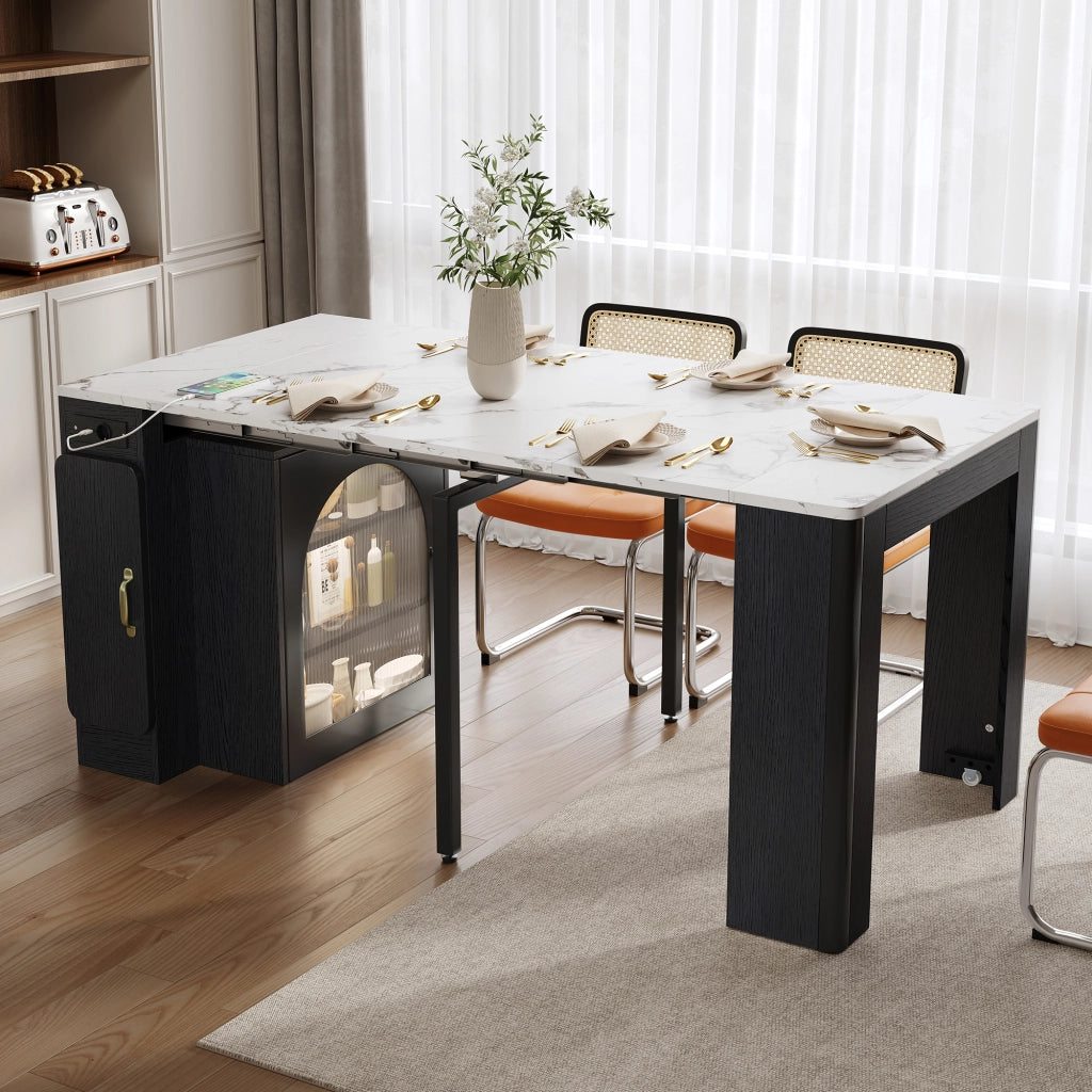 Carrello da cucina con Tavolo allungabile; 3 Scomparti; Ruote; LED e Presa; MDF Vetro; Bianco Nero