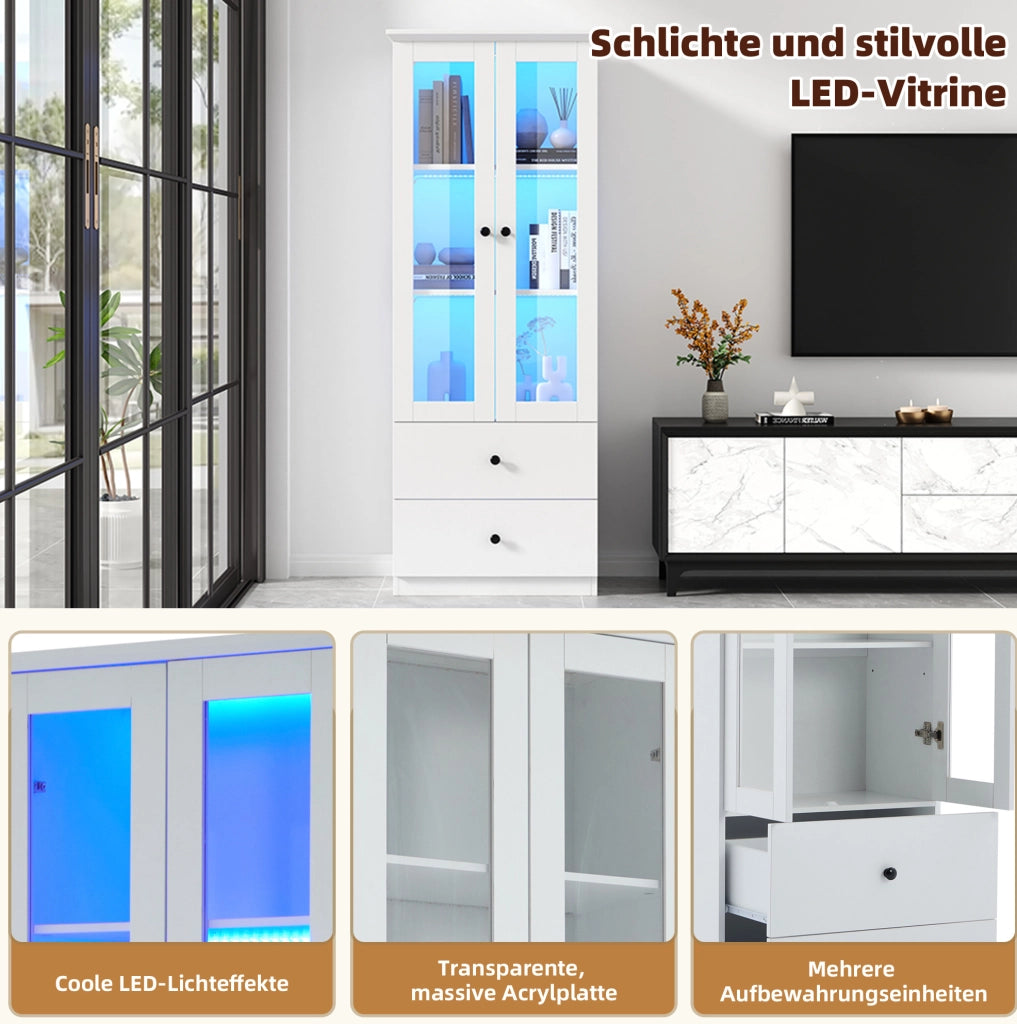 Vetrina moderna LED bianca opaca 165 cm con 2 cassetti; ripiani regolabili e ante in vetro