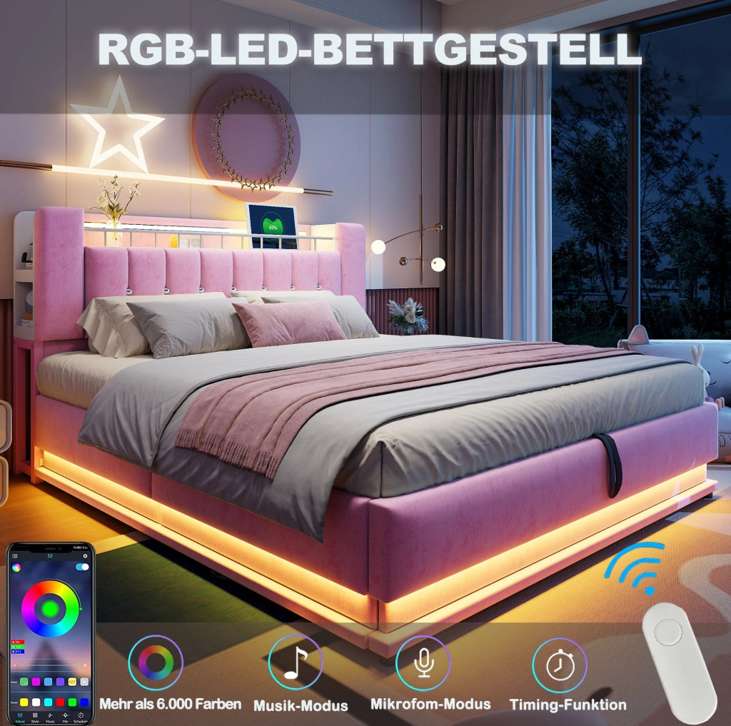 Letto matrimoniale 140x200 cm con LED; USB e contenitore idraulico in velluto rosa