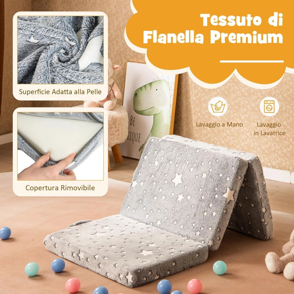 Divano Pieghevole 3 in 1, Tappetino per Bambini Brilla al Buio con Copertura Rimovibile e Lavabile in Lavatrice, Materasso a 3 Pieghe per Soggiorno e Cameretta, Grigio