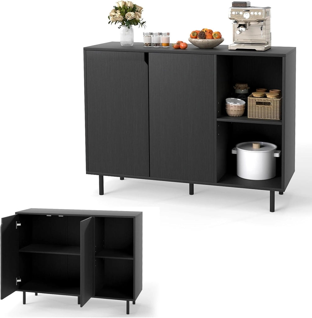 Credenza Cucina Bianca, Armadio Dispensa con Ante, Ripiano Regolabile in 5 Livelli e Dispositivo Anti-Ribaltamento, Mobile Buffet per Soggiorno e Corridoio, 106x38x80cm (L x P x A) (Nero)