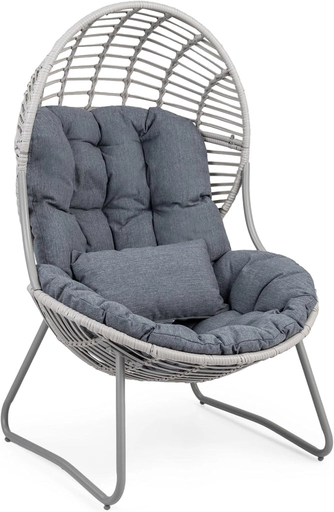 Poltrona da Giardino in PE Rattan, Sedia Relax a Nido con Cuscino Imbottito, Sedile Ampio e Telaio in Metallo, Poltrona per Lettura, Lounge e Riposo, per Esterno e Interno, Max 150 kg, Grigio