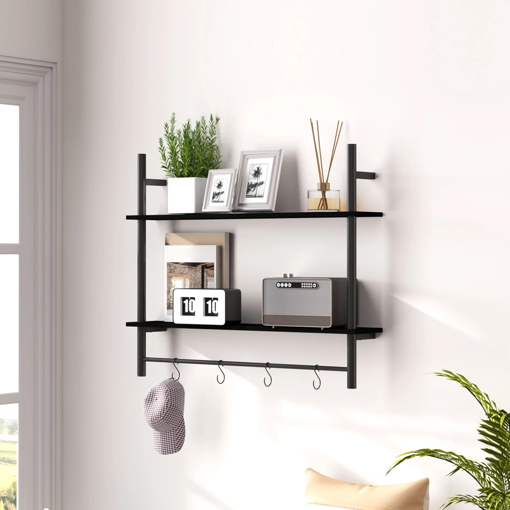 Scaffale a Parete 2 Livelli con Ganchi ¨C Zephmum ¨C 80x24x65 cm Nero