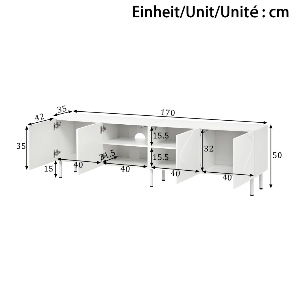 Mobile TV 170x35x50 cm bianco in MDF e PB - 4 ante con passacavi