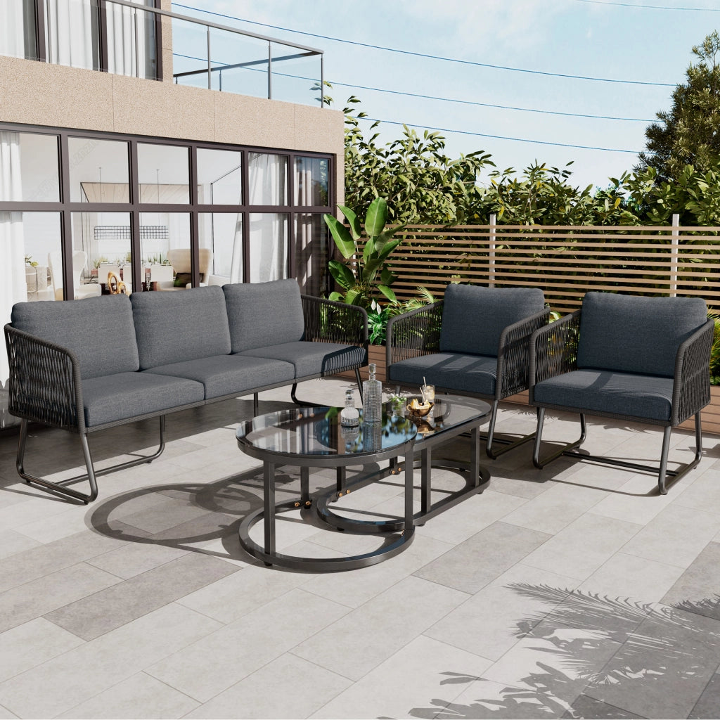 Set Salotto da Giardino 5 Pezzi con Cuscini ¨C MINIMAL ¨C Corda/Vetro, Grigio
