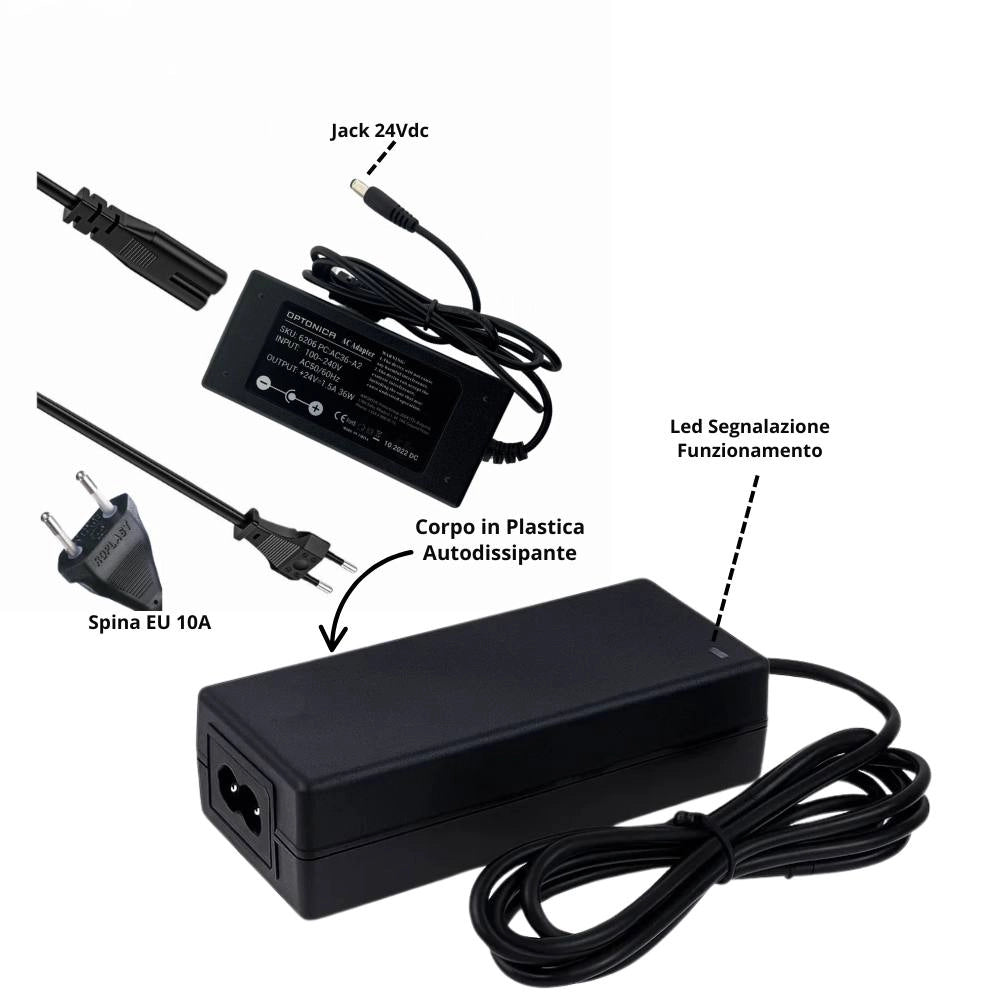 Optonica alimentatore led 24v per interni nero 3 anni di garanzia inclusa *** potenza 36w, confezione 1