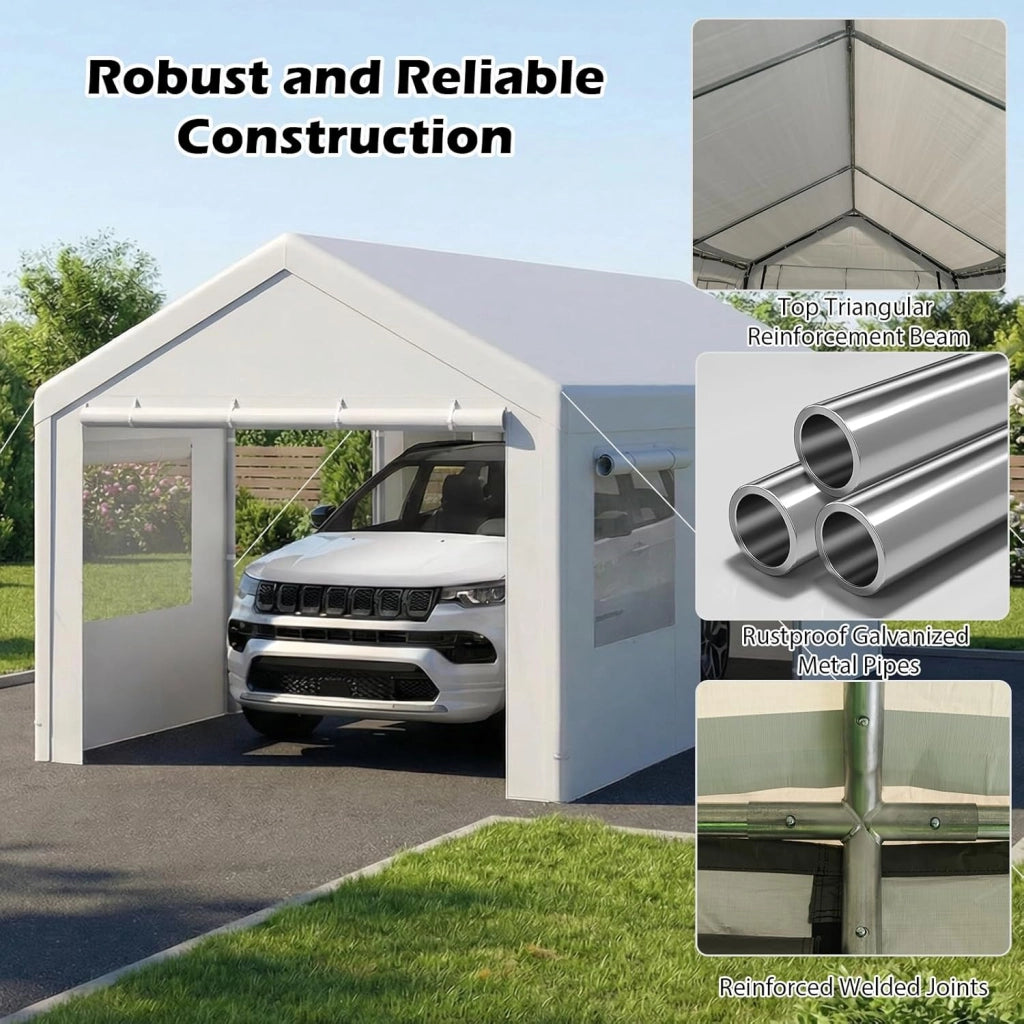 Tenda Garage Auto Esterno, Tettoia per Auto con Telaio in Metallo, Copertura in PE Resistente alle Intemperie, Capanno Giardino per Vehicolo, Bici, Moto, Attrezzi (Bianco, 305 x 586 x 280 cm)
