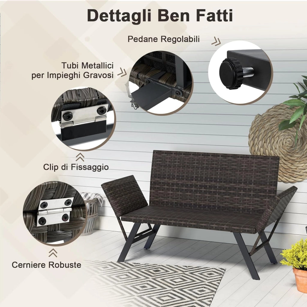 Divano Letto 2 Posti da Esterno in Rattan, Poltrona con Imbottitura in Schiuma e Braccioli Regolabili, Divano con Struttura Metallica per Cortile, Piscina, Portata 300 kg
