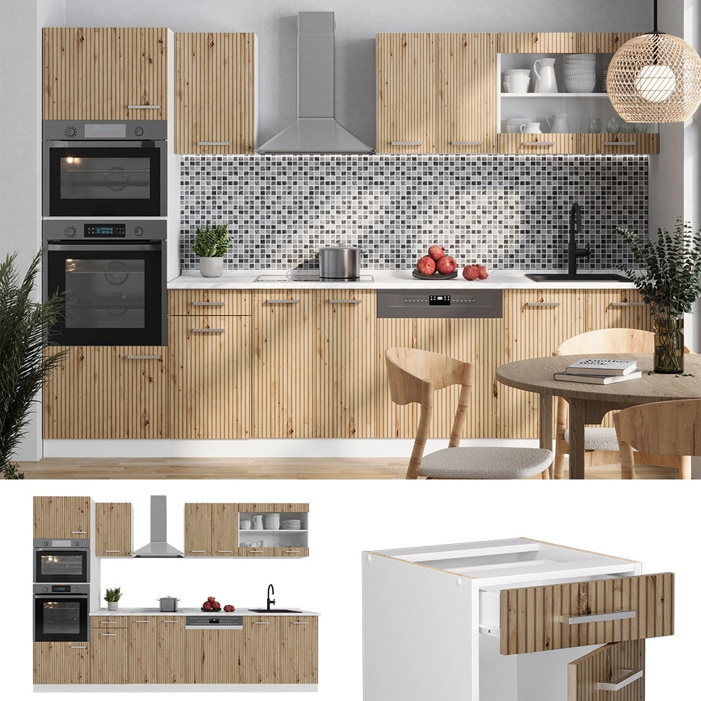 Cucina componibile R-Line Rovere artigianale/Bianco 300 cm con armadio alto, PL Antracite Vicco