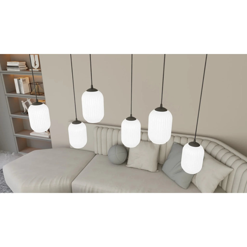 Lampadario 6 Luci Selene In Acciaio Nero E Vetri Plissettati Bianchi