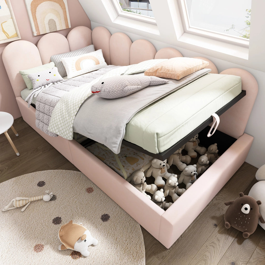 Letto da giorno imbottito 90x190 cm con contenitore idraulico, rete in metallo, velluto rosa, senza materasso