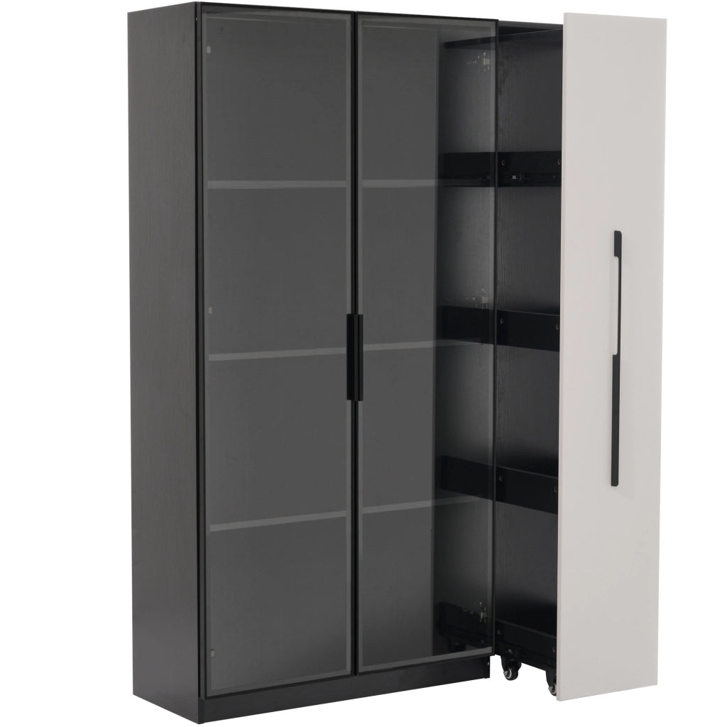 Multifunzione armadio alto 110,5×35×160 cm con vetrina in vetro, LED e ripiano estraibile laterale