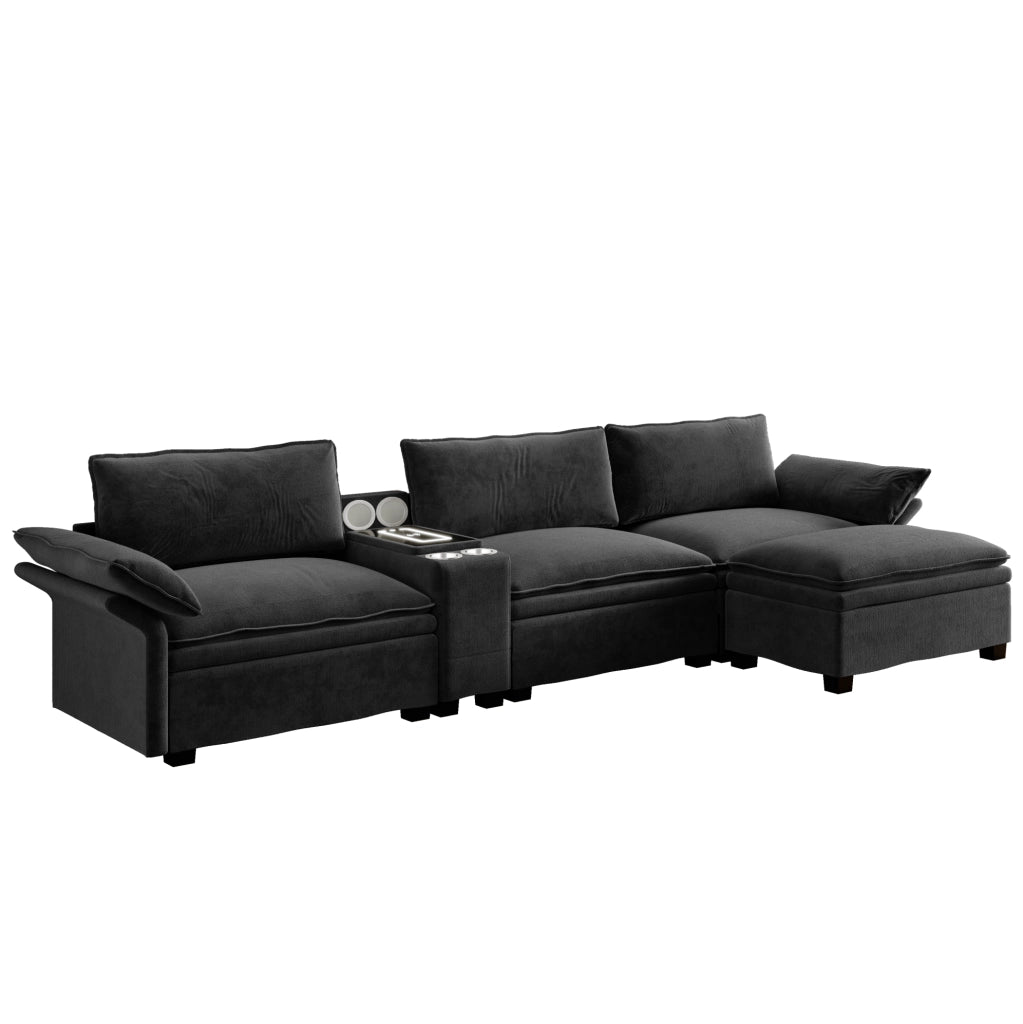 Divano modulare angolare 4 posti in chenille nero con pouf, ricarica wireless, altoparlanti Bluetooth e luci dimmerabili