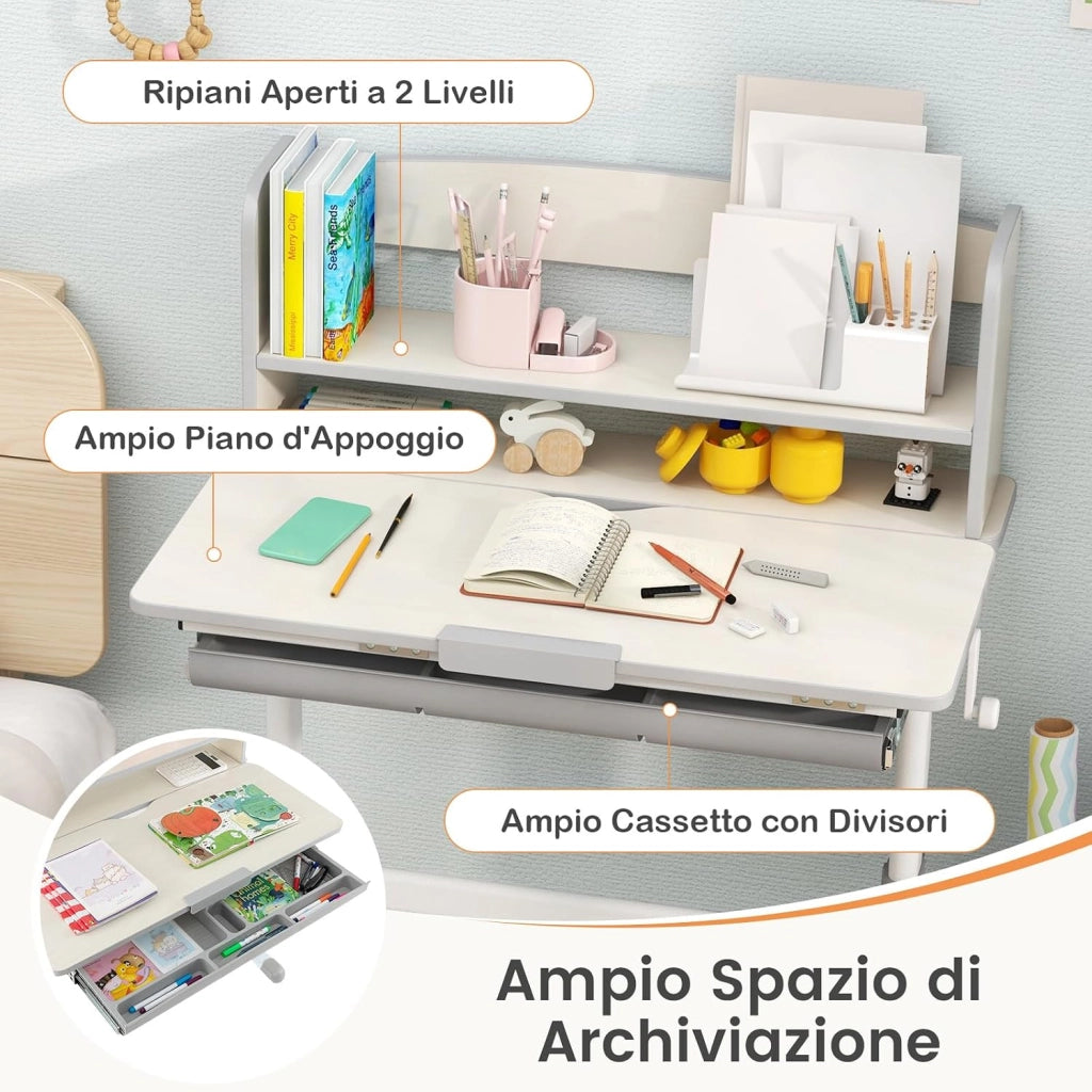 Scrivania per Bambini Altezza Regolabile con Piano Inclinabile | Banco Scuola Multifunzionale per 3-12 Anni con Libreria e Cassetto, Scrittoio Cameretta, Grigio