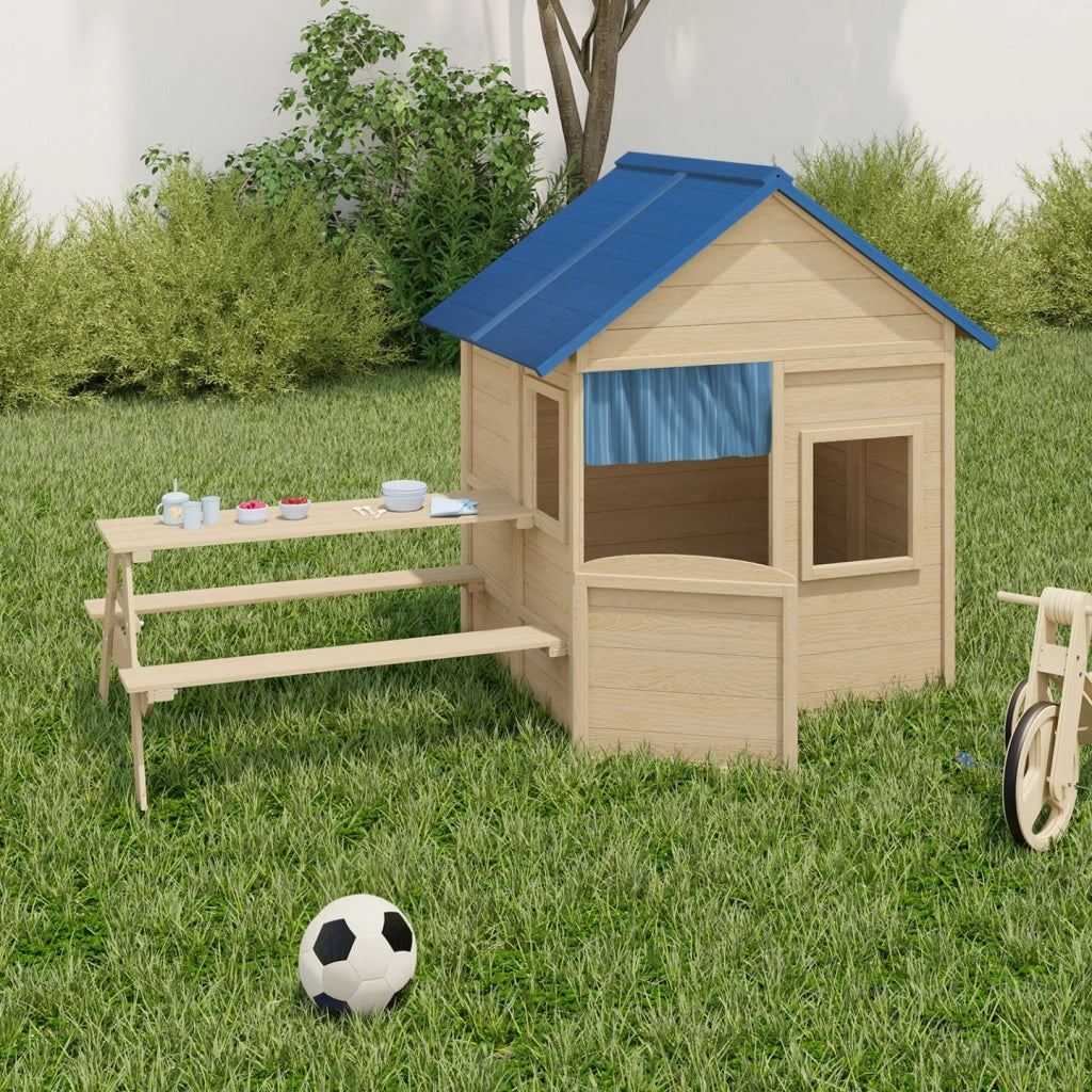 IDMarket - Casetta in legno per bambini ODYSSEY, casetta da esterno con tavolo da picnic incorporato