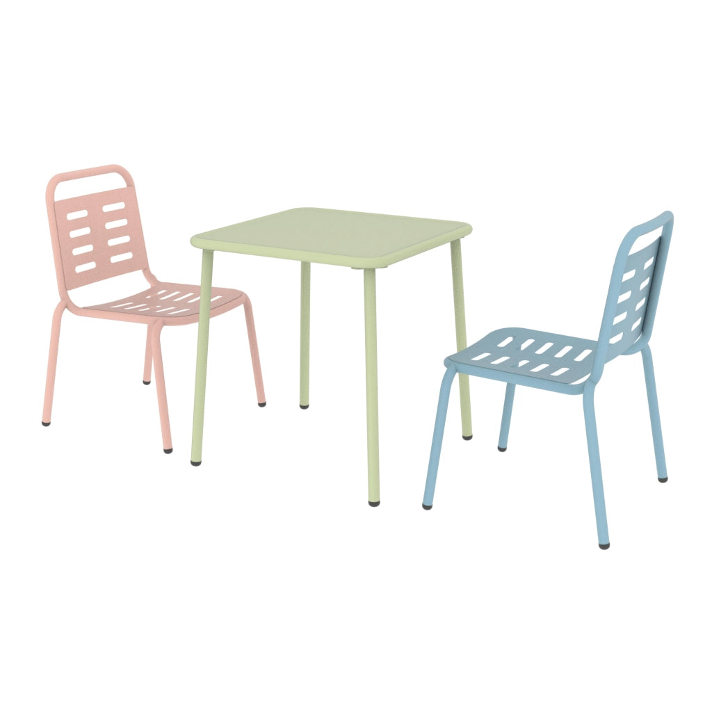 Set di 3 Mobili Etroubles per Bambini Tavolino e 2 Sedie per Esterno e Interno - Verde Salvia/Celeste/Pesca casa.pro