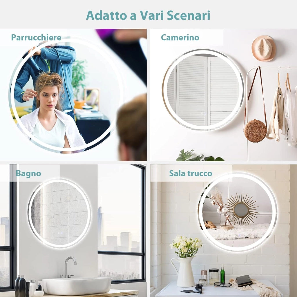Specchio Bagno con LED, Specchio da Parete IP44 con Luce Regolabile 3000-6000k a 3 Colori, Telaio in Alluminio e Funzione Disappannamento per Paccucchiere e Camerino (Rotondo Ø 60cm)
