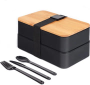 Tasca per Pane Giapponese - Incl. Cucchiaio, Coltellino e Forbici - Senza BPA - Resistentente alla Lavastoviglie - Resistentente al Magnetron - Bamboe - Tasca per Pranzo - Tasche per Pane - Per Scuola, Ufficio, Bambini - Nero
