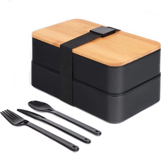 Tasca per Pane Giapponese - Incl. Cucchiaio, Coltellino e Forbici - Senza BPA - Resistentente alla Lavastoviglie - Resistentente al Magnetron - Bamboe - Tasca per Pranzo - Tasche per Pane - Per Scuola, Ufficio, Bambini - Nero