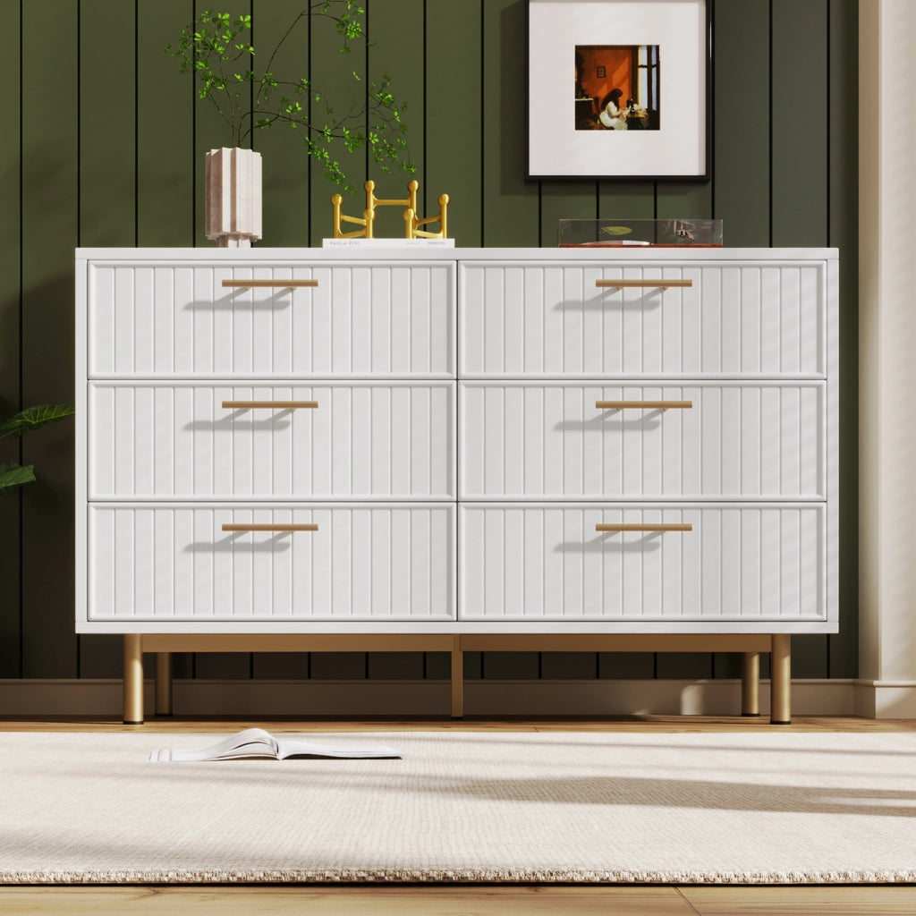 Comò con 6 cassetti moderno 120x40x75 cm in truciolare bianco con base in metallo
