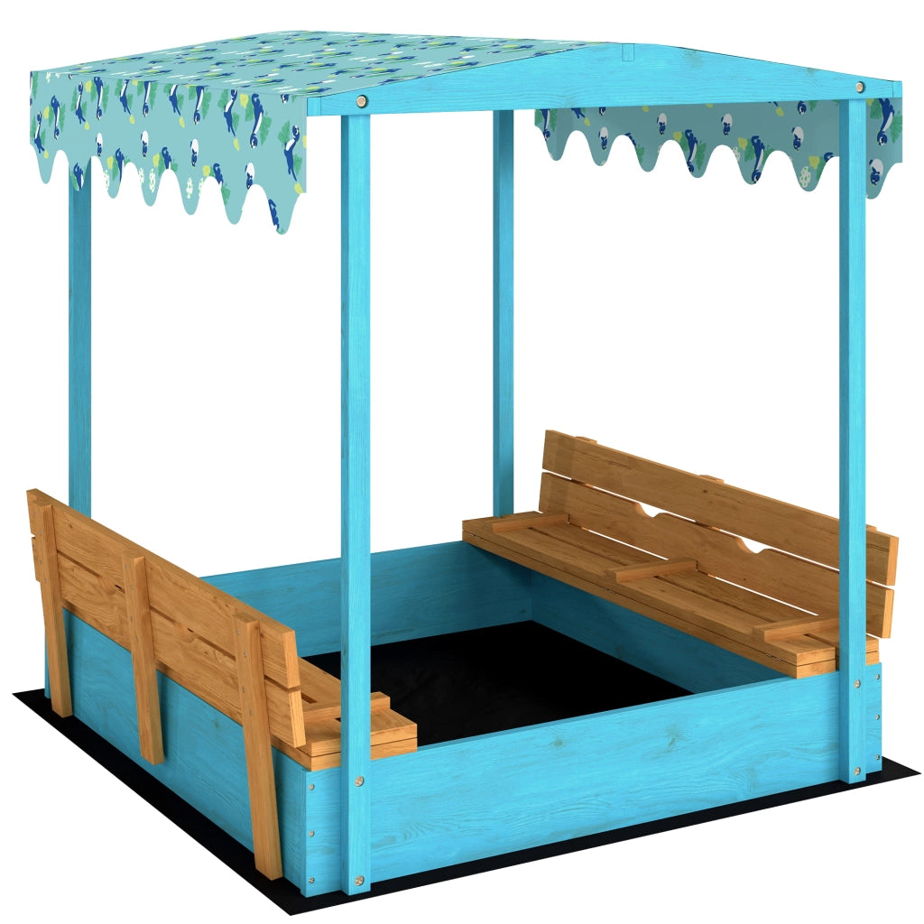 Sabbiera per Bambini 3-6 Anni 134,5x127,5x130 cm con Tettuccio Dinosauri Sedute Pieghevoli Coperchio e Fodera in Legno