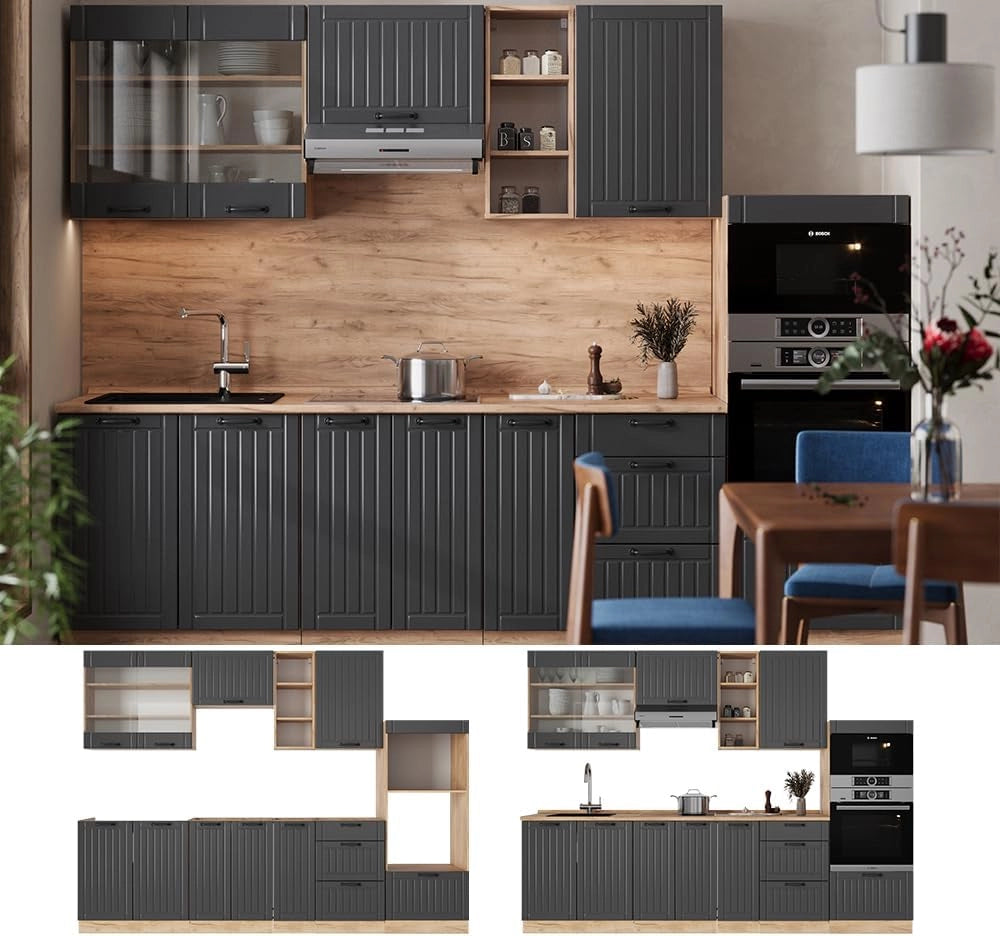 Cucina componibile Fame-Line, Grigio scuro, 280 cm senza piano di lavoro