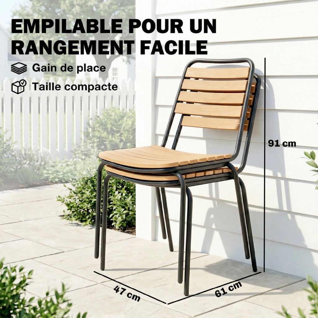 Sedia da Giardino Impilabile ¨C Minimal ¨C Legno Massello, Metallo, Naturale, 61x47x81cm