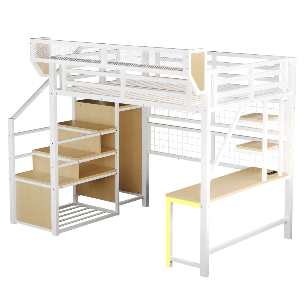 Letto a Soppalco con Scrivania e LED ¨C MINIMAL ¨C Metallo Bianco 140x200
