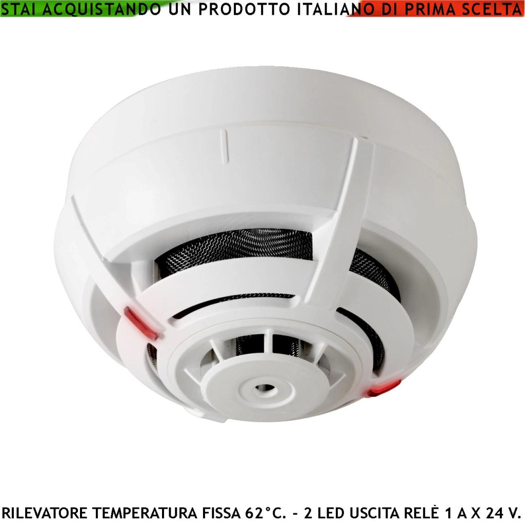 RILEVATORE TEMPERATURA SOGLIA FISSA 62° C IMPIANTO ALLARME ANTINCENDIO SENSORE TERMOVELOCIMETRICO USCITA RELÈ E STATO 14 MA