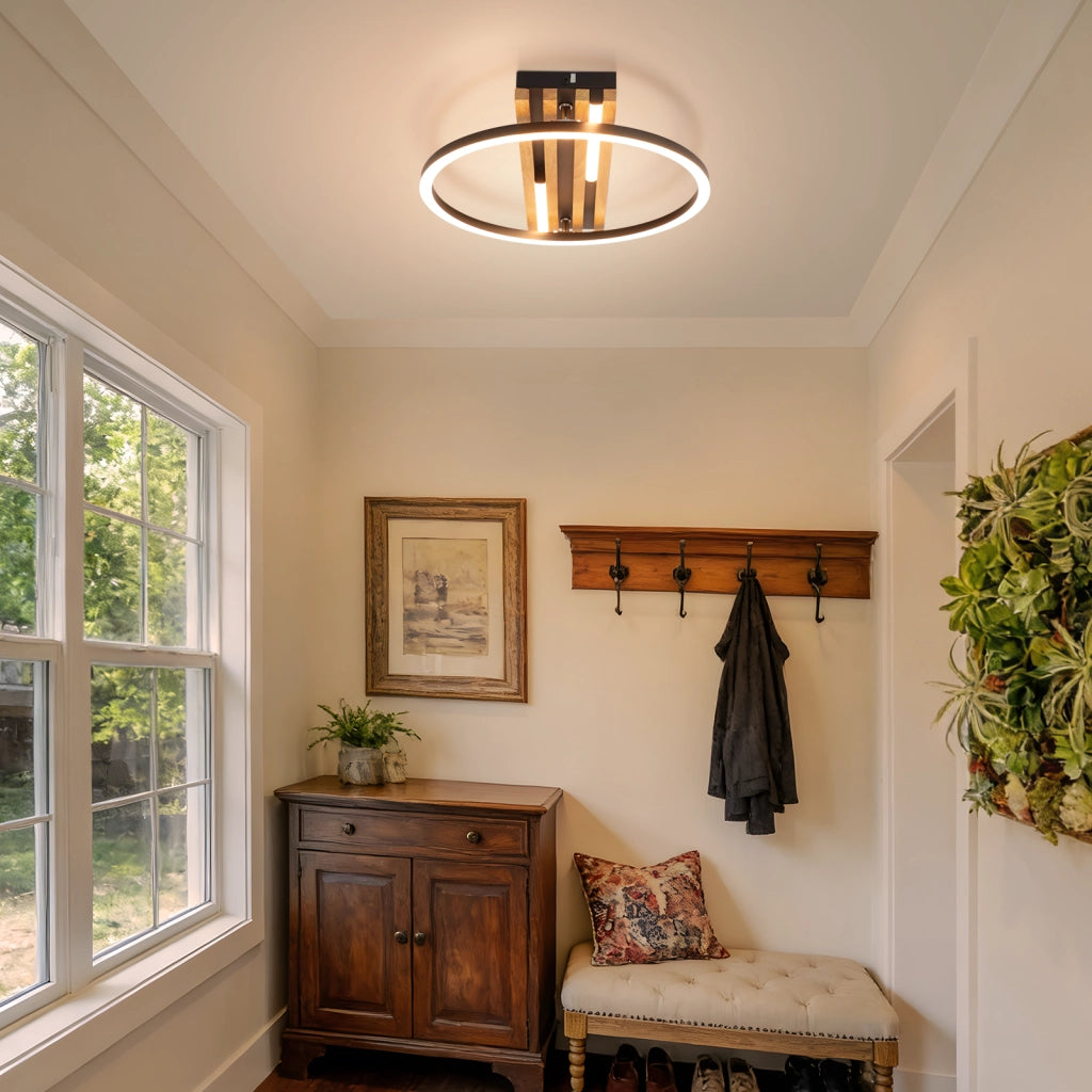 ZMH Lampada da Soffitto LED Legno 24W 38cm Luce Calda Nero Anello Moderna per Camera da Letto Soggiorno