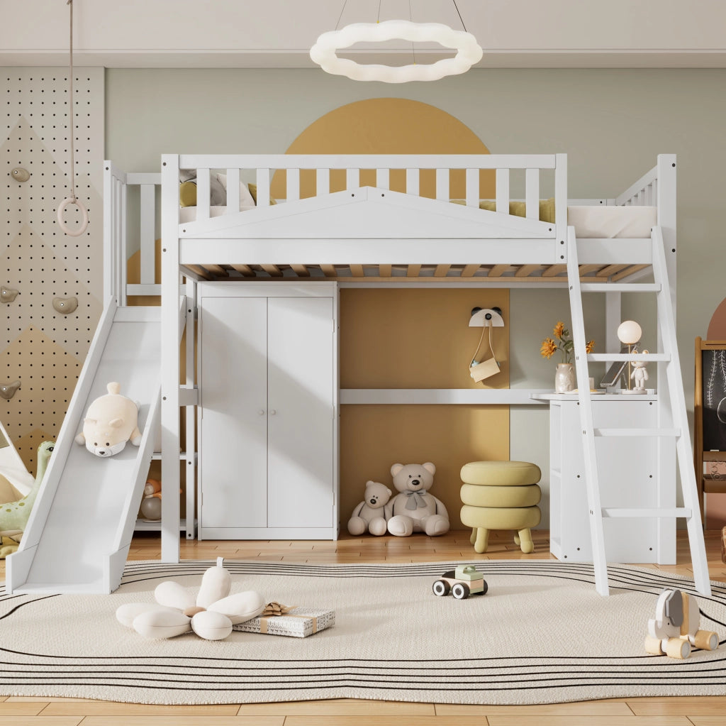Letto a castello per bambini 90x200 cm con scivolo, scrivania e armadio