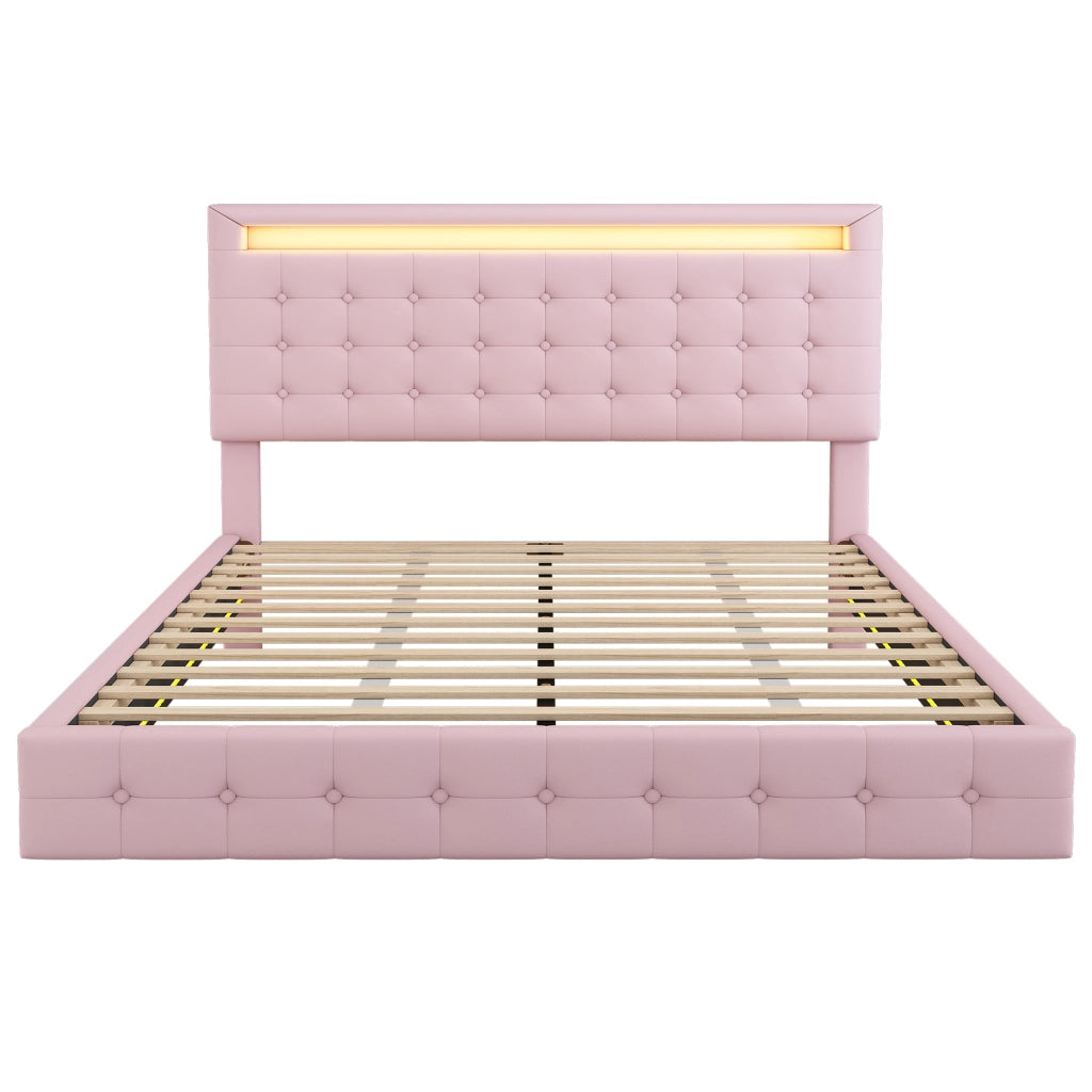 Letto flottante 140x200 cm in PU rosa con illuminazione LED e testiera regolabile