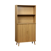 Libreria in legno scanalato con 2 ante scorrevoli a 4 livelli, marrone