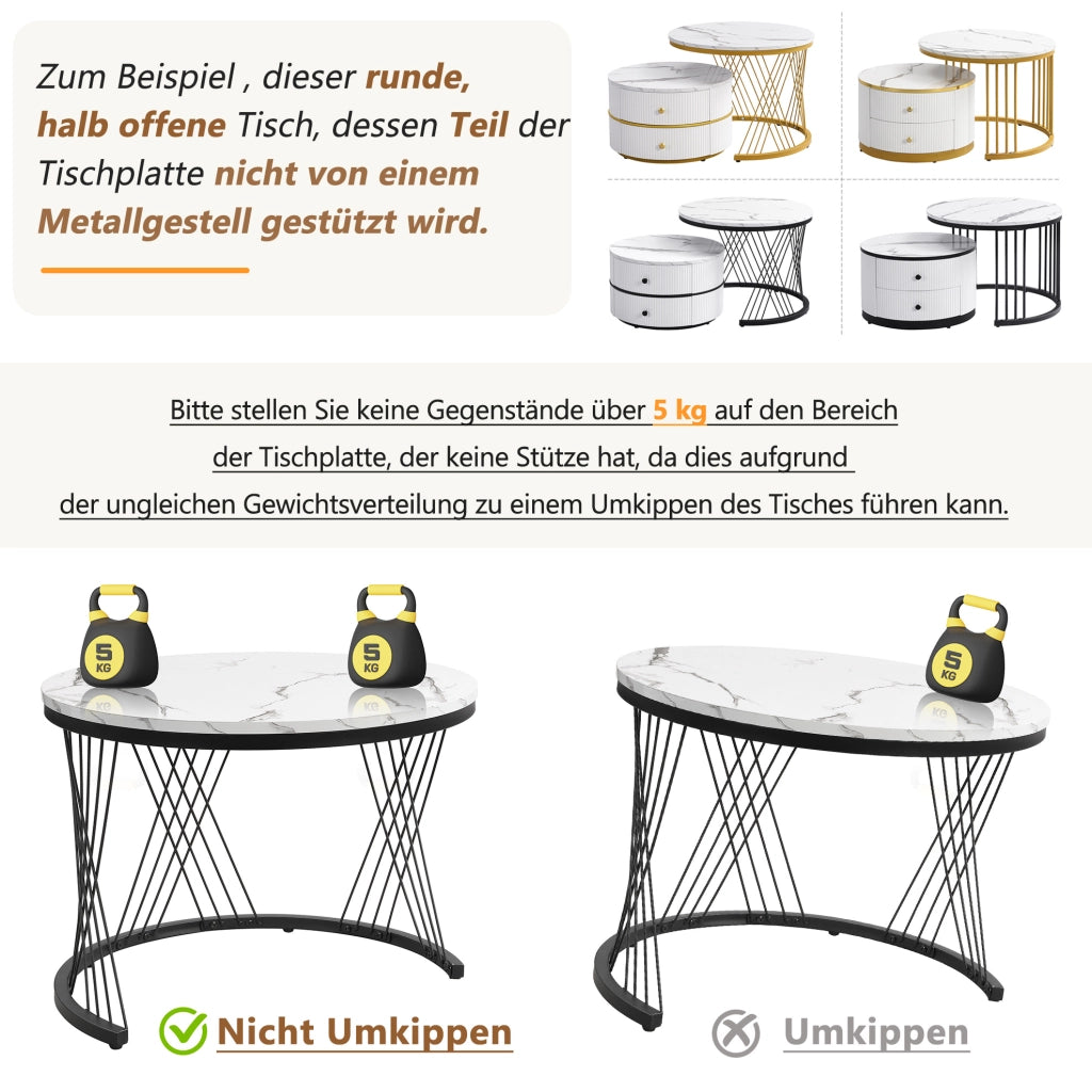 Set di 2 tavolini da caffè rotondi bianchi in MDF con effetto marmo lucido; 60x60x46 cm e 50x50x30;8 cm