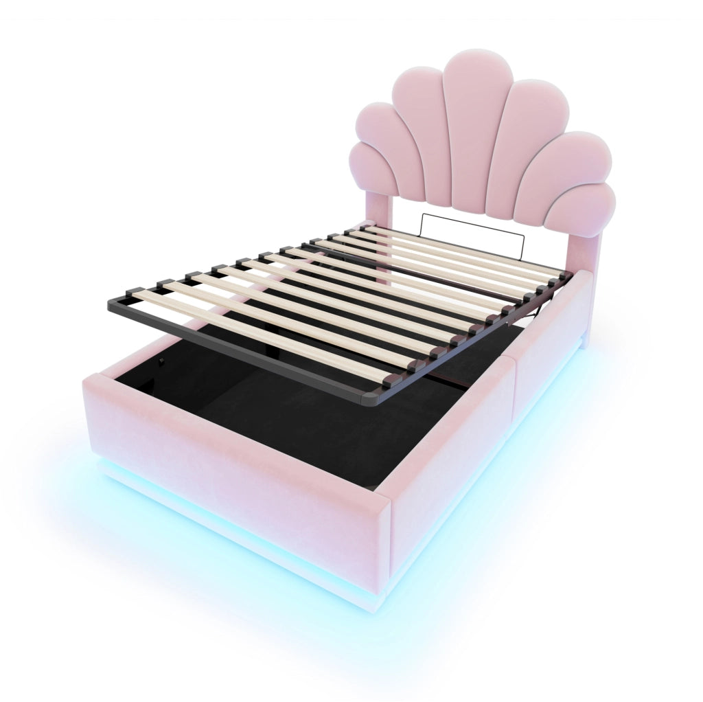 Letto imbottito 90x200 cm con contenitore, LED e testiera floreale