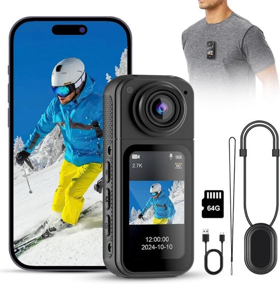 Bodycam di Azione - Rilevamento Movimento - Lente Rotativa 180º - Bodycam Poliziotto - Cassetta di Sorveglianza - Full HD -