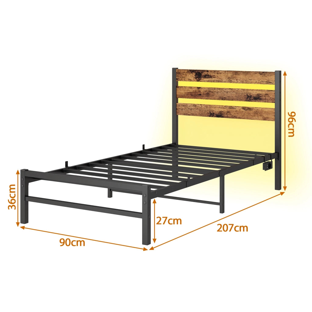 Letto in metallo con USB e LED 90x200 cm MDF marrone e metallo