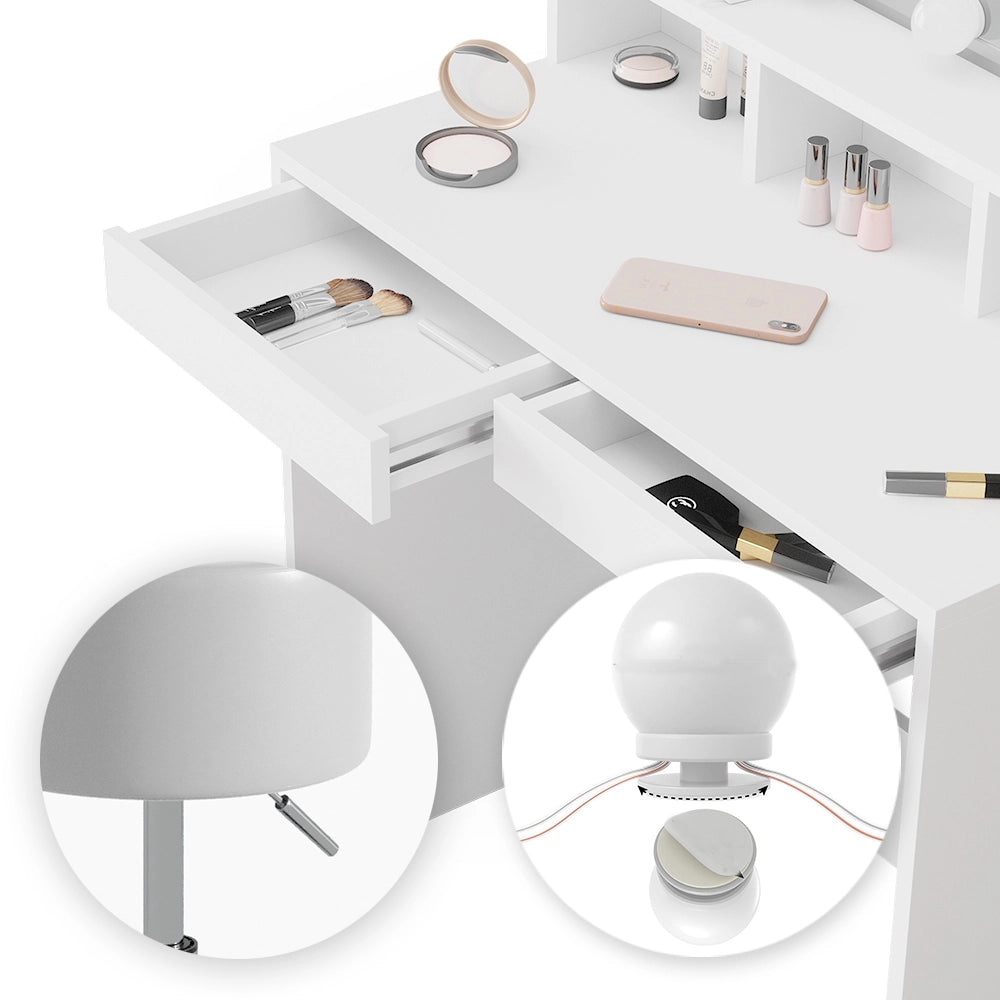 Vicco Tavolo da toeletta Bianco 80 cm con illuminazione LED e sgabello