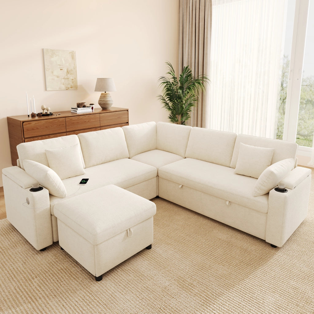 Divano angolare convertibile con pouf contenitore USB Type-C portabicchieri e vani bracciolo in chenille beige
