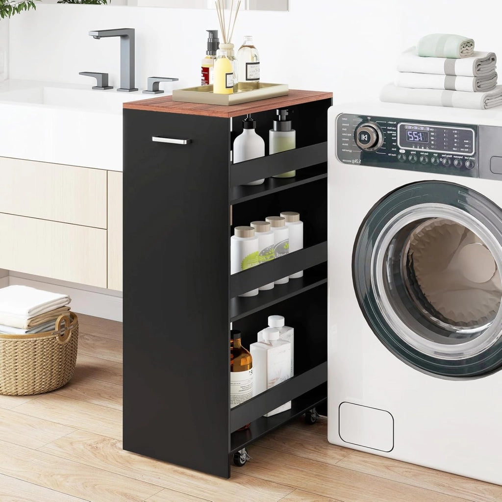 Carrello Portaoggetti a 4 Ripiani con Ruote Rirevoli a 360°, Carrellino Scorrevole con Maniglia Slim, da Bagno, Cucina, Lavanderia, 47,5 x 30 x 80,5 cm (Nero e Marrone)