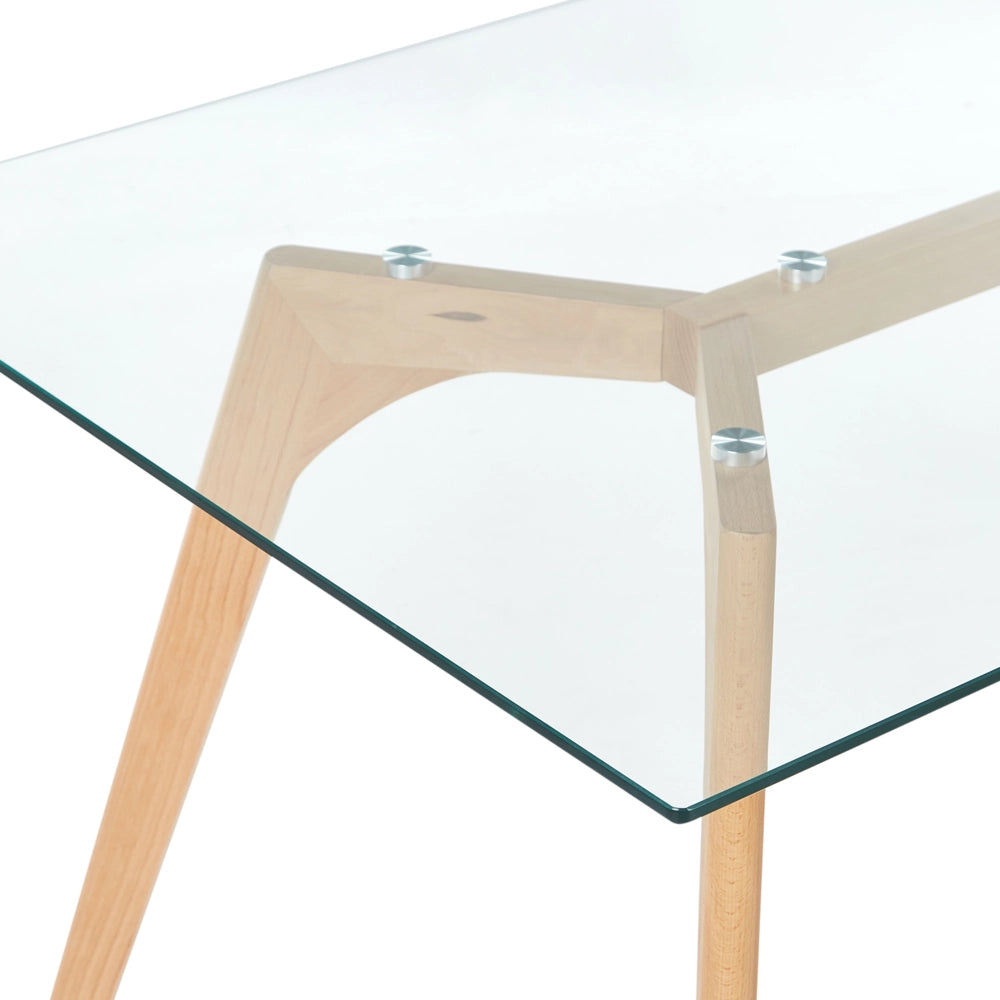 Tavolo da Pranzo Trasparente 160 x 90 cm Piano in Vetro Gambe in Legno Rettangolare Scandinavo Moderno