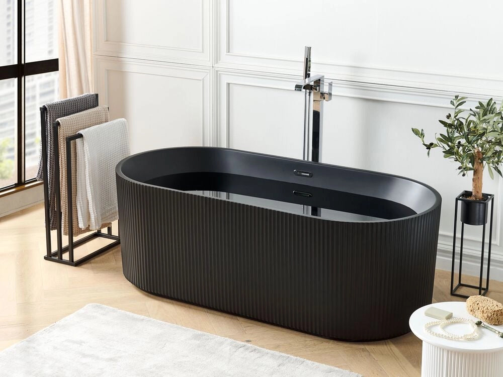 Vasca da bagno freestanding ovale in acrilico nero opaco 170 x 80 cm Finitura scanalata Bagno in stile moderno