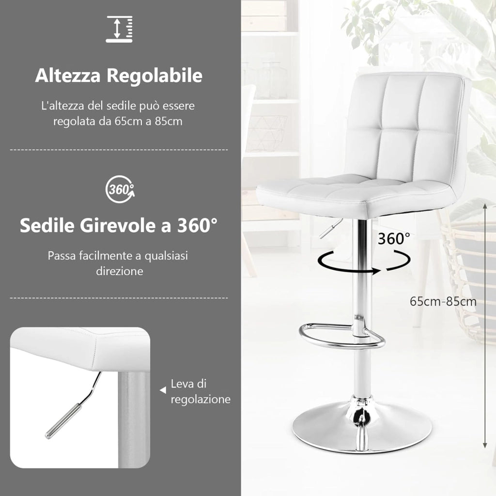 Set Sedie da Bar in Ecopelle con Altezza Regolabile, Seduta Girevole a 360°, Poggiapiedi e Base Metallica Antiscivolo, Sgabelli da Pranzo per Isola Cucina Bar, Portata 150 kg(Bianco,2)