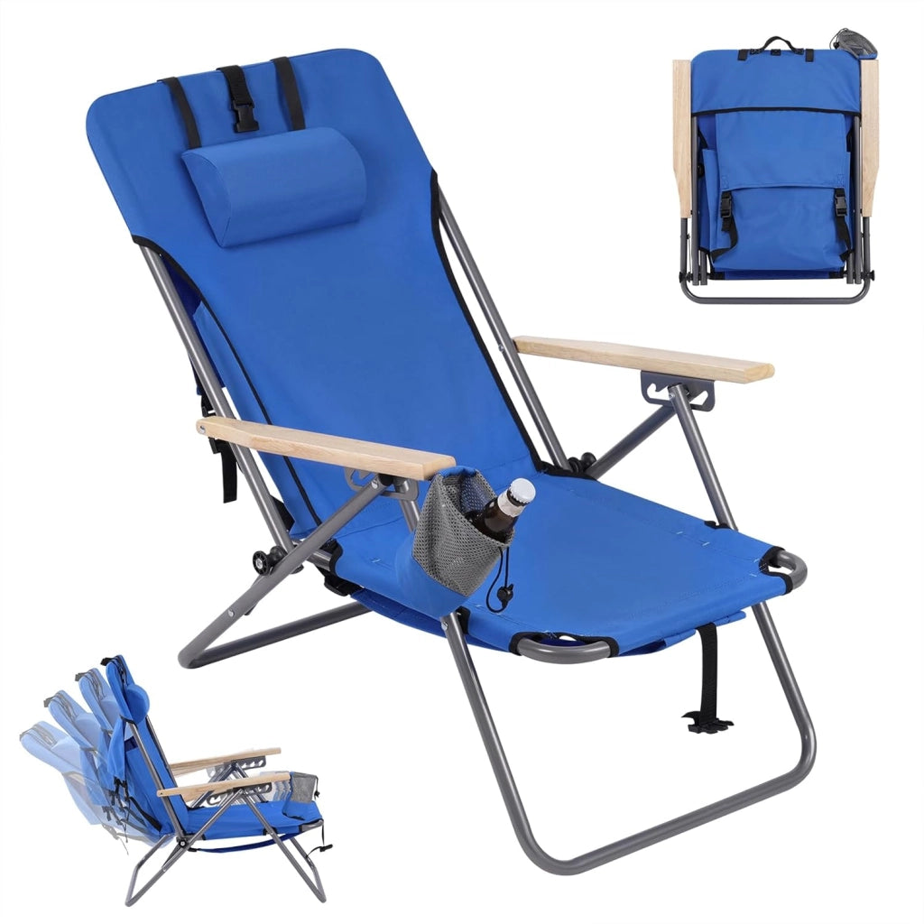 Sedia da Pesca, Sedia da Campeggio Richiudibile Pieghevole da Esterno con Tasca, Poggiatesta Rimovibile, Schienale Reclinabile, per Picnic, Spiaggia, in Oxford e Metallo, Blu