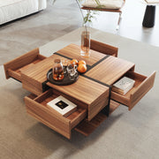 TAVOLINO Quadrato 78x78x36 cm in pannello di legno Naturale con 4 cassetti