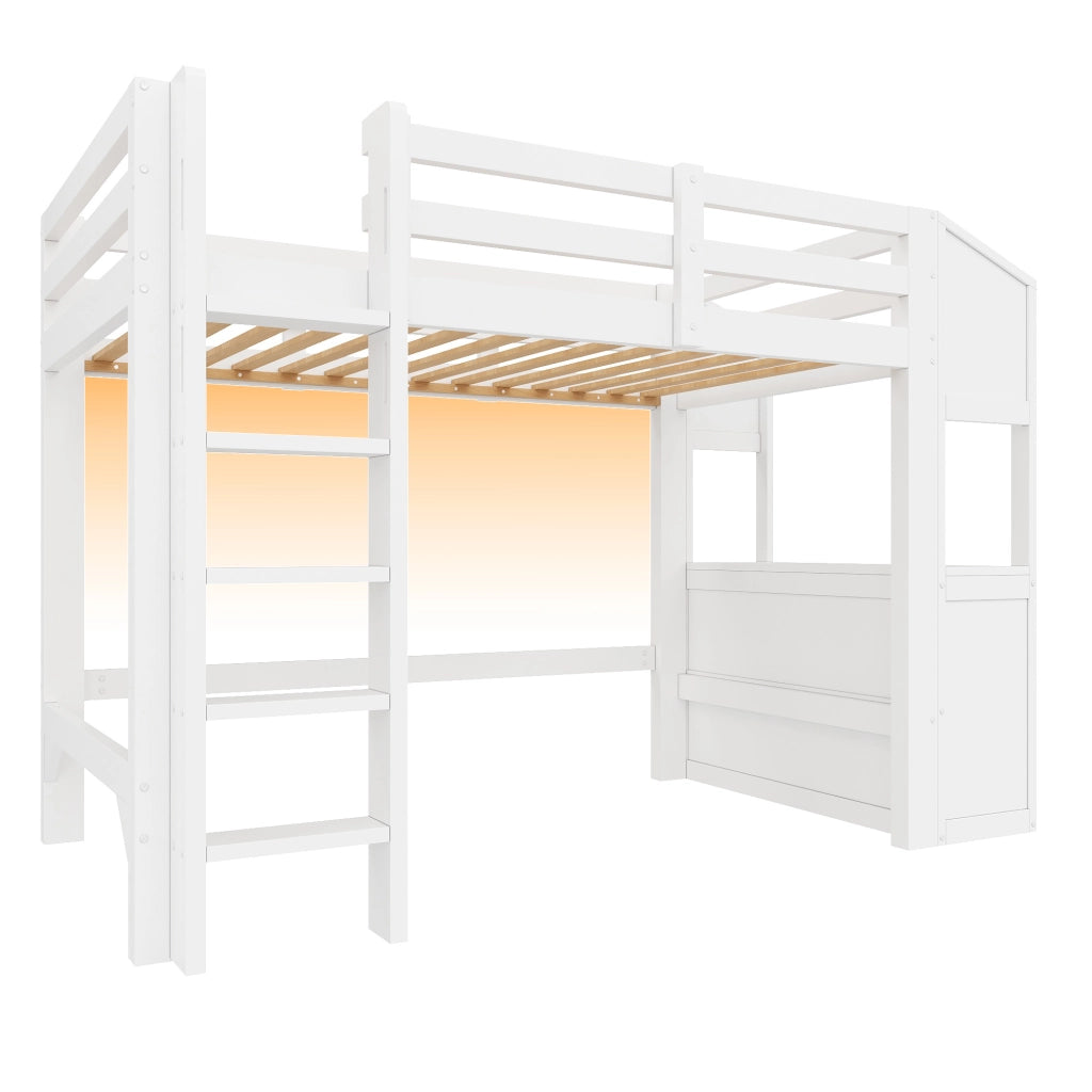Letto a Soppalco 90x200 cm; Letto Singolo con 3 Cassetti; Mensole e LED - Bianco