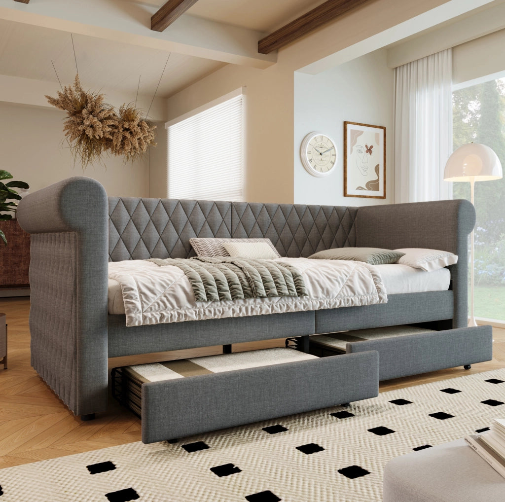Divano letto vintage 90x200 cm in lino grigio con 2 cassetti