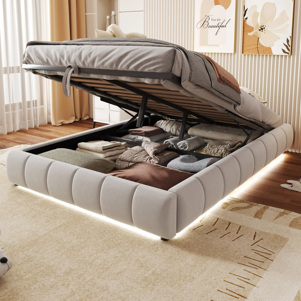 Letto Contenitore 140 x 200 cm; Letto Singolo; LED e contenitore idraulico; Beige